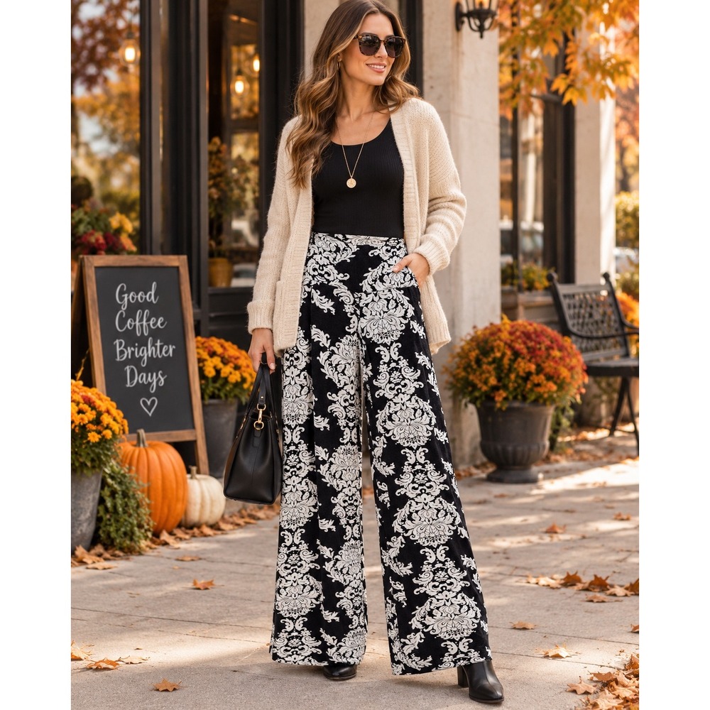 Women's Extra Large Black White Damask Palazzo Pants Wide Leg Boho Maximalist